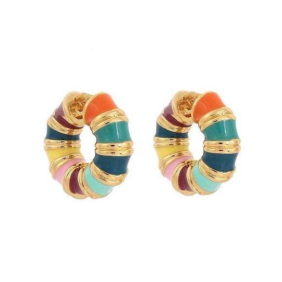 Colorful enamel and gold huggie hoops - Picture 2 of 2
